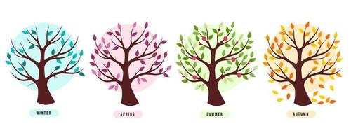 Four trees according to the seasons with title - winter, spring, summer, autumn. Inscriptions with the names of the season. Background on each tree in shades of leaves vector