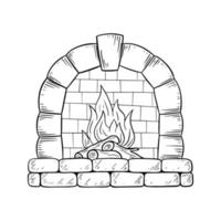 Monochrome image, stone fireplace with texture, wood and fire, vector illustration in cartoon style on a white background