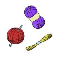A set of colored icons, a bright red ball of knitting thread with a metal hook, lilac yarn, vector illustration in cartoon style