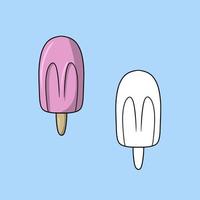 Set of images, pink fruit ice cream on a wooden stick, vector illustration in cartoon style on a colored background