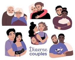 Diverse usual, homosexual and heterosexual couples set.  Inclusion. Cuddling. Vector