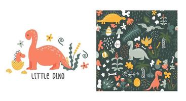 Dino pattern. Mom and little dino. Vector background. Seamless pattern with dinosaurs, prehistoric plants, spots, traces,  raindrops and eggs. Baby print