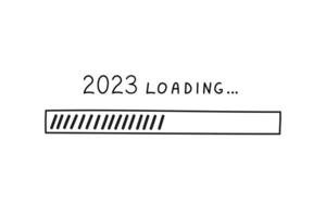 Progress bar 2023 new year in doodle style, vector illustration. Hand drawn loading symbol, black isolated element on white background. Sketch load bar for print and design