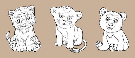 Cartoon cute lion cub, bear cub, snow leopard. vector Hand drawn black and white. For vintage scrapbooking, illustrations, coloring books.