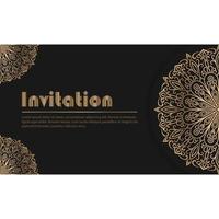 invitación de mandala dorada de lujo con fondo negro. vector