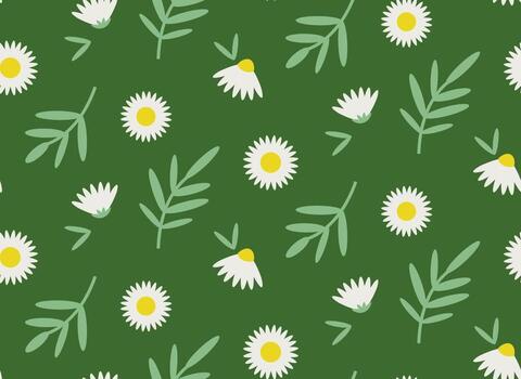 Seamless pattern with daisies and leaves. Texture with wildflowers in flat style. vector