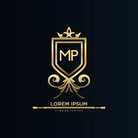 letra mp inicial con plantilla real.elegante con vector de logotipo de corona, ilustración de vector de logotipo de letras creativas.