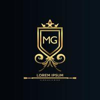 mg letra inicial con plantilla real.elegante con vector de logotipo de corona, ilustración de vector de logotipo de letras creativas.