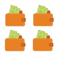 Set of leather open wallets with money dollar, euro, pound, yen. Isolated on white background. Vector illustration.