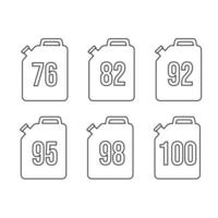 Gasoline canister with 76, 82, 92, 92, 95, 98, 100 line style label. Vector illustration.