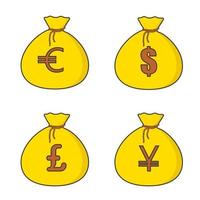 Set of yellow money bag with gold dollar, euro, yen, pound. Vector image, isolated on white background