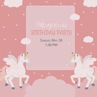 invitación de fiesta de cumpleaños con unicornio gemelo sobre fondo de melocotón vector