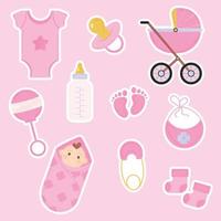 Set of baby shower stickers for a girl. Vector illustration