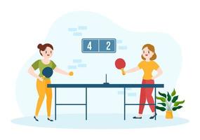 gente jugando deportes de tenis de mesa con raqueta y pelota de juego de ping pong en dibujos animados planos dibujados a mano ilustración de plantillas vector