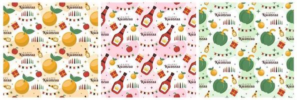 Set of Happy Kwanzaa Holiday African Seamless Pattern Design with Festival Style Element on Template Hand Drawn Cartoon Flat Illustration vector