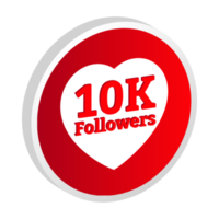 10K follower celebration 3D badge PNG image. Thanksgiving for 10K followers badge design. 3D Red color follower badge celebration with love shape on transparent background.