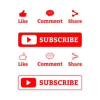 Subscribe button PNG with metallic color. Subscribe Button collection for social media with red color. Like, comment, subscribe, share, and notification button image with transparent background.