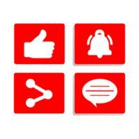 collection de boutons pour la conception de cadre de médias sociaux. boutons de couleur rouge et blanc à l'intérieur de formes carrées. éléments de bouton de médias sociaux avec des sections comme, partager et commenter sur fond transparent. png