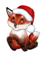 un petit renard dans un chapeau de père noël. dessin à l'aquarelle colorié à la main. pour le scrapbooking vintage et les illustrations. renard de noël. png