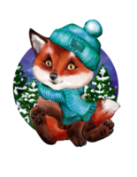Cute cartoon watercolor fox in a knitted hat against a backdrop of winter Christmas trees. New Year animal illustration. Hand painted lovely baby fox illustration perfect for printing and card making.