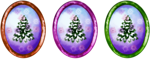 Cute cartoon watercolor winter Christmas trees in oval frame. New Year illustration. Hand painted illustration perfect for printing and card making.  Winter Christmas trees. png