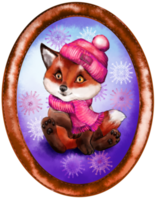 Cute cartoon watercolor Winter Fox in an oval frame. New Year animal illustration. Hand painted lovely baby fox illustration perfect for printing and card making. Forest wild orange fox png