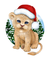 dibujos animados lindo cachorro de león en un sombrero de año nuevo acuarela pintada a mano ilustración de año nuevo se puede utilizar para juegos infantiles o carteles infantiles en un fondo aislado transparente png