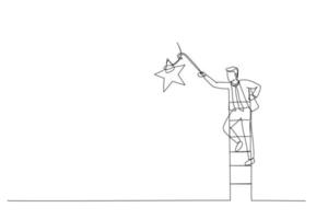 businessman climbing up ladder to the top high into the sky to grab the star vector