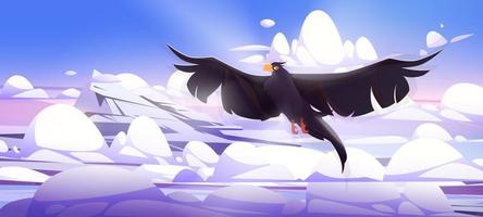 Black raven fly above mountains top and clouds vector