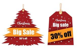 Vector red christmas sale paper price tag, christmas tree shape and red square and snow hand drawn elements, hanging with discount text for newyear shopping holiday promotion Vector illustration.