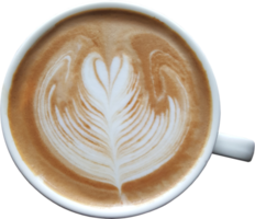 top visie van een mok van latte kunst koffie Aan hout achtergrond. png