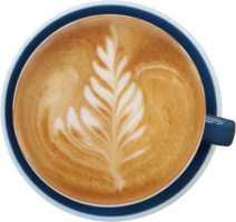 Top view of a mug of latte art coffee on timber background. png