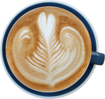 Top view of a mug of latte art coffee on timber background. png