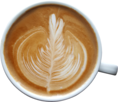 top visie van een mok van latte kunst koffie Aan hout achtergrond. png