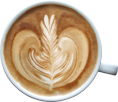 top visie van een mok van latte kunst koffie Aan hout achtergrond. png