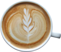 top visie van een mok van latte kunst koffie Aan hout achtergrond. png