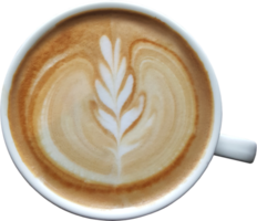 Top view of a mug of latte art coffee on timber background. png