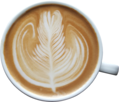 Top view of a mug of latte art coffee on timber background. png