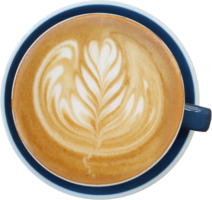 Top view of a mug of latte art coffee on timber background. png