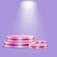 set of 3d pink podium with lighting on purple background. vector illustration