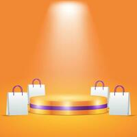 3d orange purple podium with shopping bag for business promotion vector