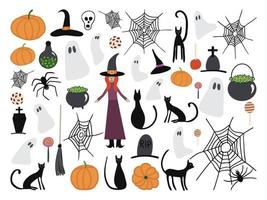 conjunto de elementos vectoriales de halloween. bruja, tetera, olla, telaraña, calabaza, gato, cuento, calavera, rasgadura, tumba, araña, fantasma, paleta, manzana con caramelo, sombrero, galleta, botella, poción. vector