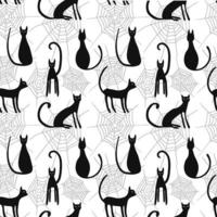 Vector Halloween black cats seamless pattern. Design for Halloween decor, textile, wrapping paper, wallpapers, sticker, greeting cards. Doodle black cat pattern on white background.