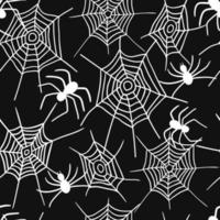 White spiderweb on black background. Spiders web seamless pattern. Vector spider isolated on black background. Halloween pattern. Inversion.