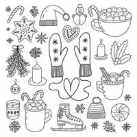 Hand drawn doodle Christmas elements set. Vector Christmas cocoa with marshmallows, mittens and ginger cookies.