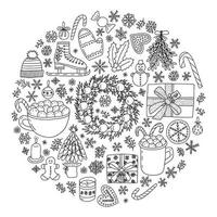 Doodle Christmas objects in circle set. Hand drawn vector Christmas elements set. Snowflakes, wreath, winter herbs, ginger cookies and gift box.