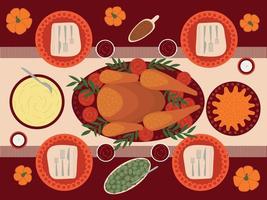 Thanksgiving turkey and another dishes vector flat style table illustration. Thanksgiving menu table top view dishes. Turkey, mashed potatos, beans and pumpkin pie