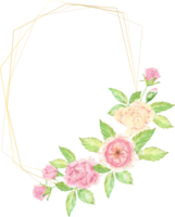 watercolor beautiful English rose flower bouquet wreath with gold frame png