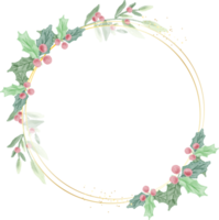 watercolor christmas leaf and red berry wreath with golden frame glitter png