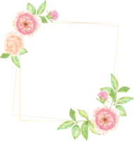 watercolor beautiful English rose flower bouquet wreath with gold frame png